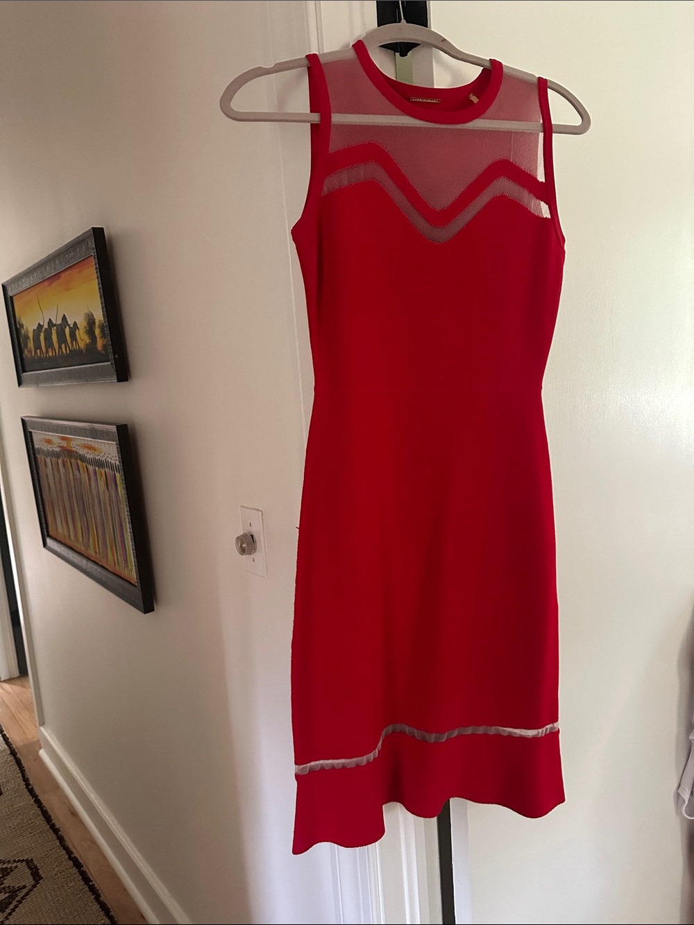 Elie Tahari Red Sleeveless Midi Dress with Mesh Insets